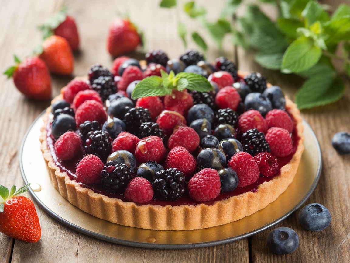 Mixed berry tart with a golden crust, filled with berry curd and topped with fresh mixed berries and a citrus glaze.